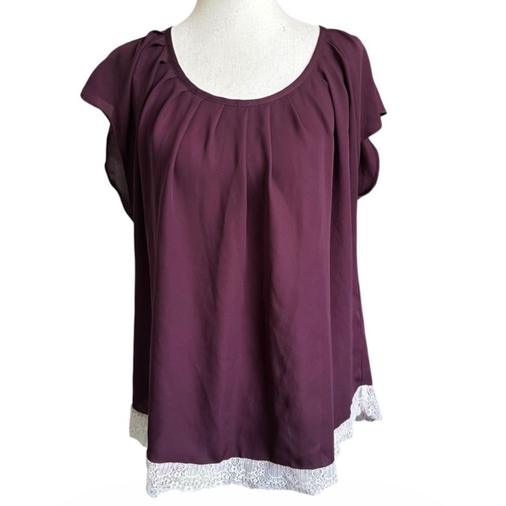 LC Lauren Conrad Plum Purple Lace Trim Tie Back Blouse Short Sleeve Large | 0342
